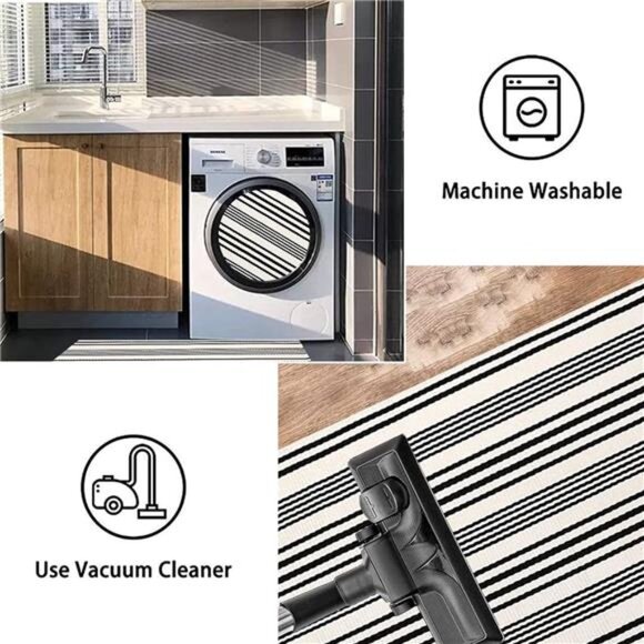 Black and White Striped Rug 24'' x51''Outdoor Front Porch Rug Hand-Woven Machine - Picture 3 of 7